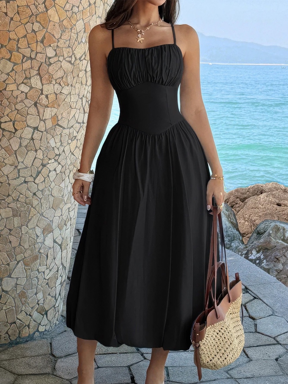 Solid Sleeveless Ruched Bust A Line Dress